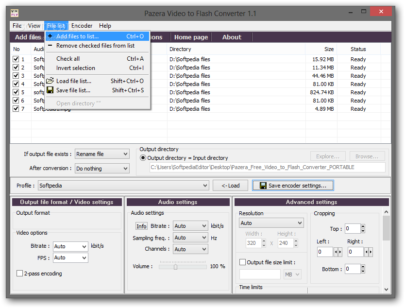 Меню File list в Pazera Free Video to Flash Converter с командами управления очередью
