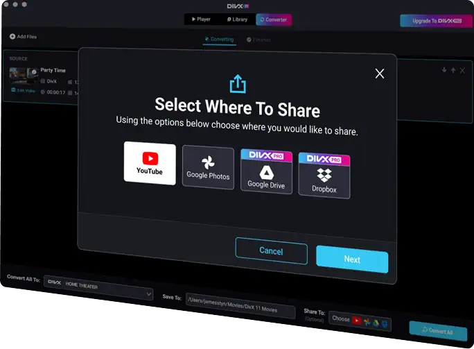 Окно Share To в DivX 11 с YouTube, Google Photos, Google Drive Pro и Dropbox Pro