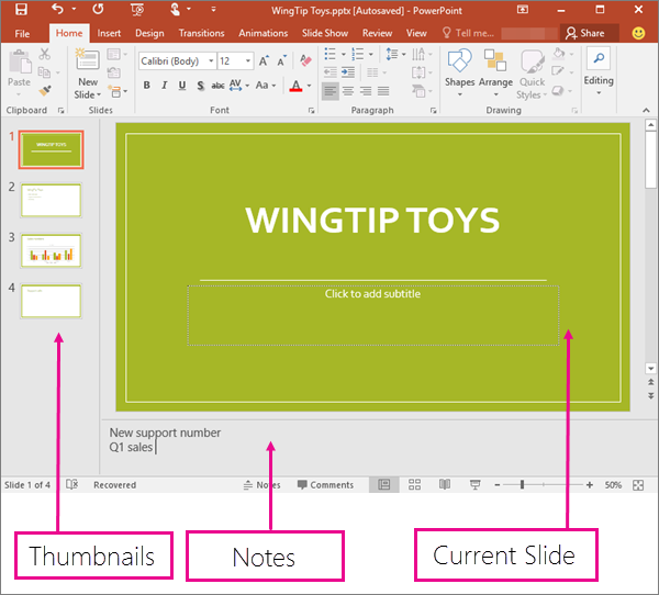 Обычный режим PowerPoint с панелью миниатюр, текущим слайдом и заметками