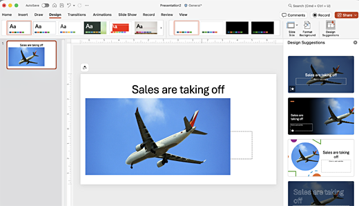 PowerPoint на macOS с панелью Design Suggestions справа