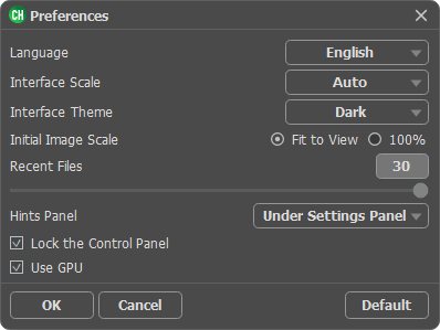 Окно Preferences AKVIS Chameleon с выбором языка, масштаба, темы и GPU