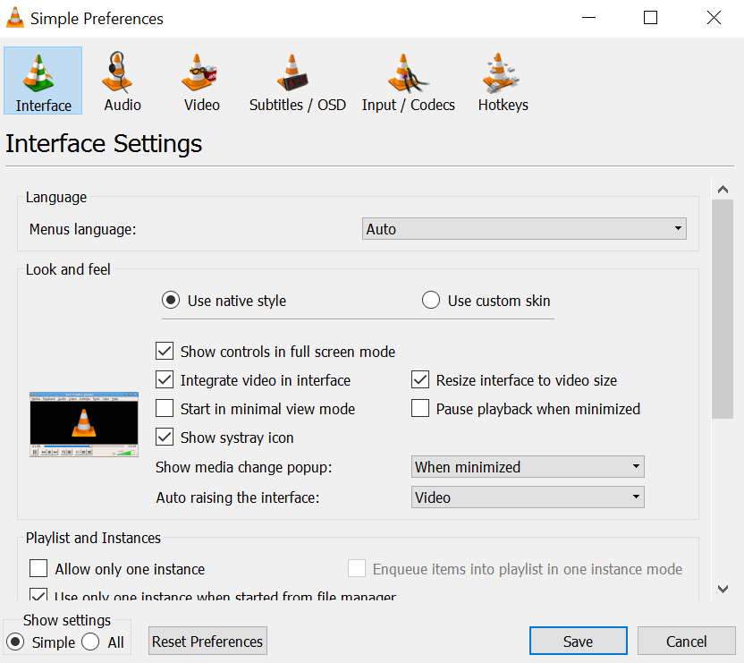 Окно Simple Preferences в VLC Media Player