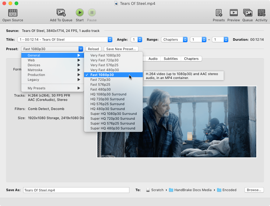 Панель выбора пресета в HandBrake на macOS