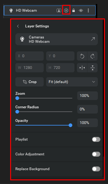 Панель Layer Settings в ManyCam 9 с параметрами слоя видео