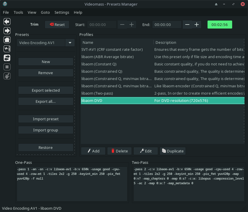Presets Manager Videomass со списком профилей и аргументами FFmpeg