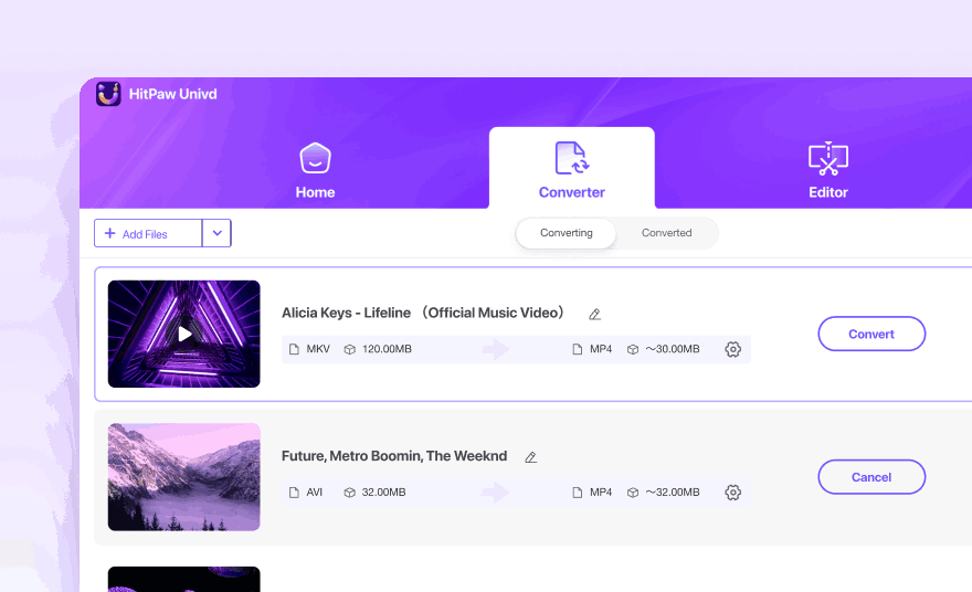 Очередь конвертации HitPaw Univd с кнопками Convert