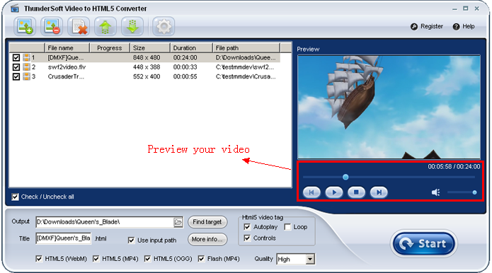 Панель Preview в ThunderSoft Video to HTML5 Converter с кнопками воспроизведения и шкалой времени