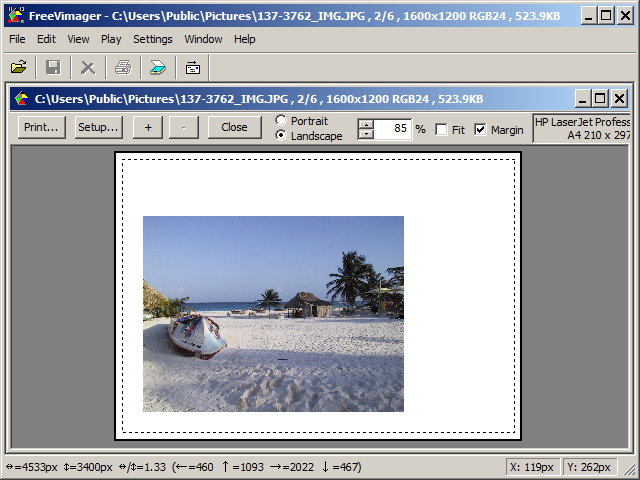 Предварительный просмотр печати фотографии в FreeVimager