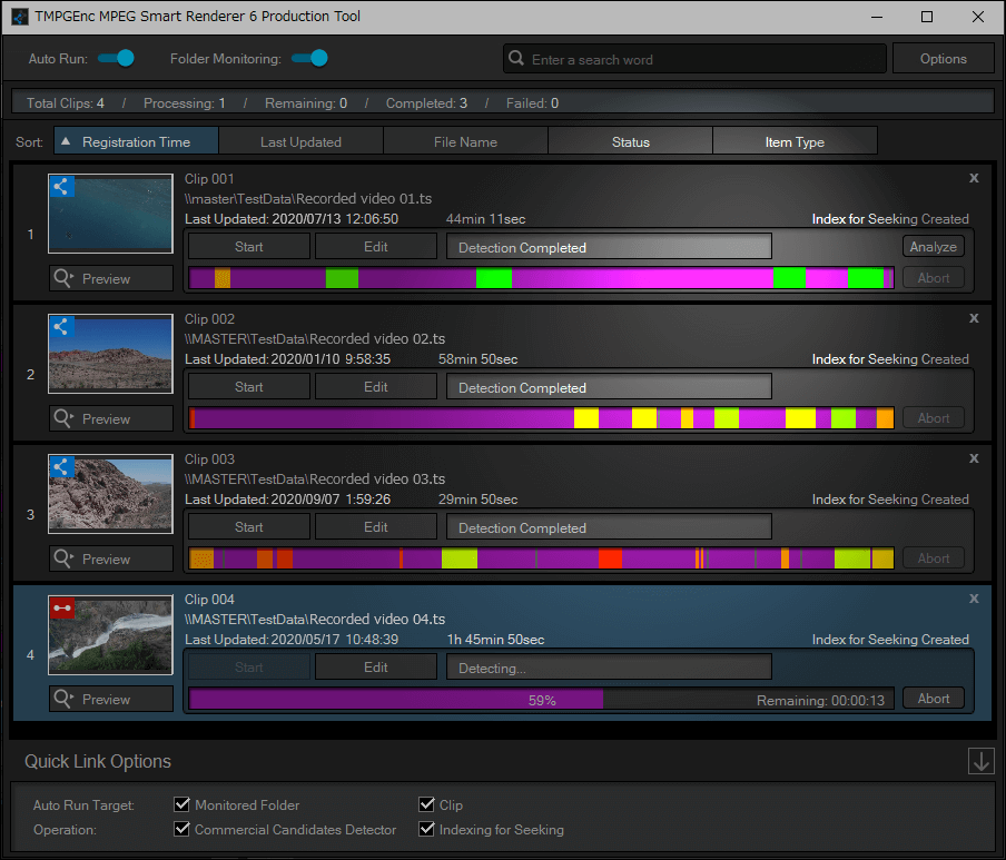 Production Tool в TMPGEnc MPEG Smart Renderer 6 с мониторингом папок и результатами Commercial Candidates Detector