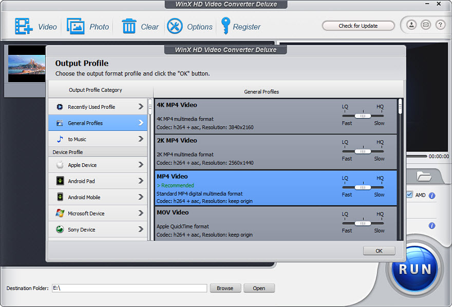 Окно Output Profile в WinX HD Video Converter Deluxe с выбором 4K, 2K и MP4 профилей
