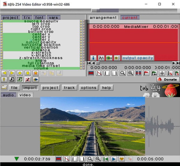 Интерфейс ZS4 Video Editor 0.958 с деревом параметров, MediaMixer и окном предпросмотра