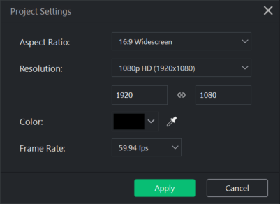 Окно Project Settings в LUXEA Pro Video Editor 8 с соотношением сторон, разрешением и частотой кадров
