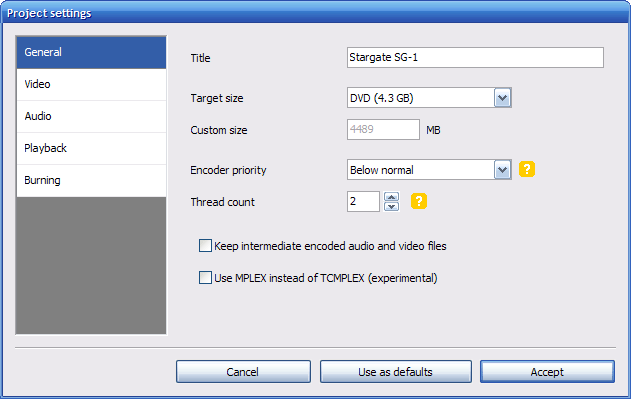 Project settings DVD Flick, раздел General с Target size и параметрами кодирования
