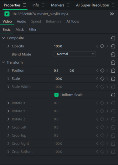 Панель Properties в LUXEA Pro Video Editor 8 с вкладками Video, Audio, Speed, Behavior и AI Tools