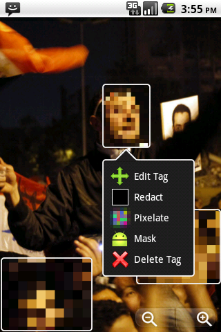 Историческое меню области ObscuraCam с вариантами Redact, Pixelate и Mask