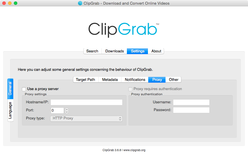 Официальный скриншот настроек прокси ClipGrab 3
