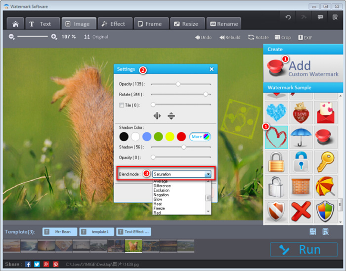 Окно настроек изображения-водяного знака в Watermark Software с прозрачностью, поворотом и Blend mode