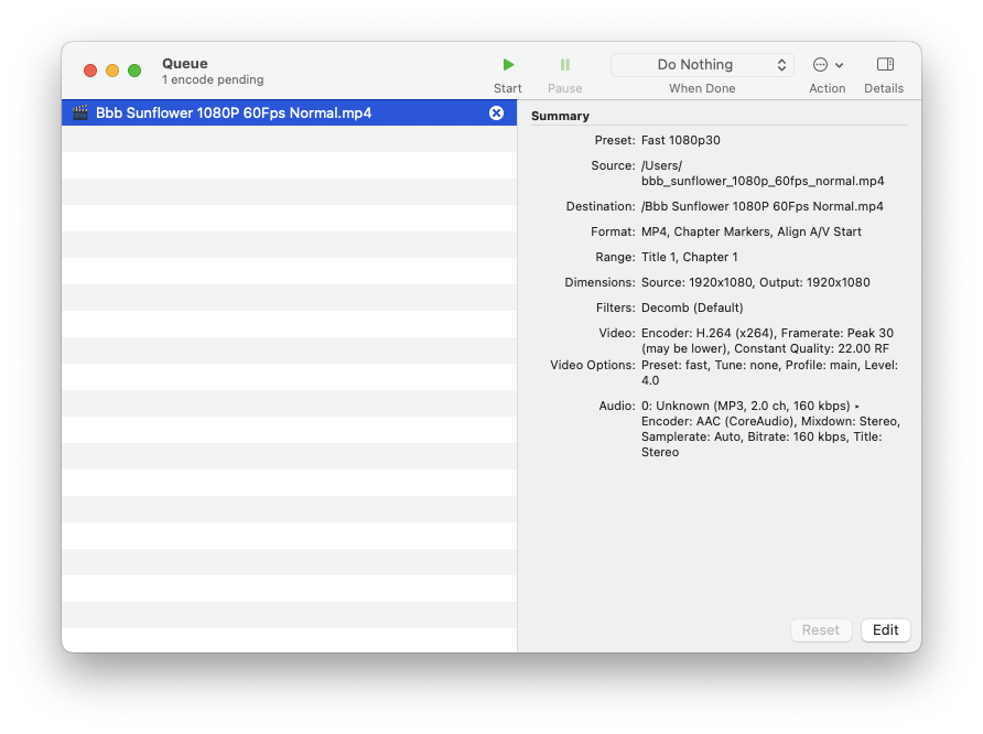 Очередь заданий HandBrake на macOS