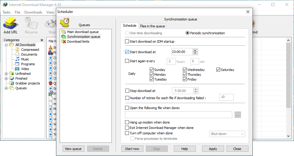 Планировщик Internet Download Manager с очередью синхронизации