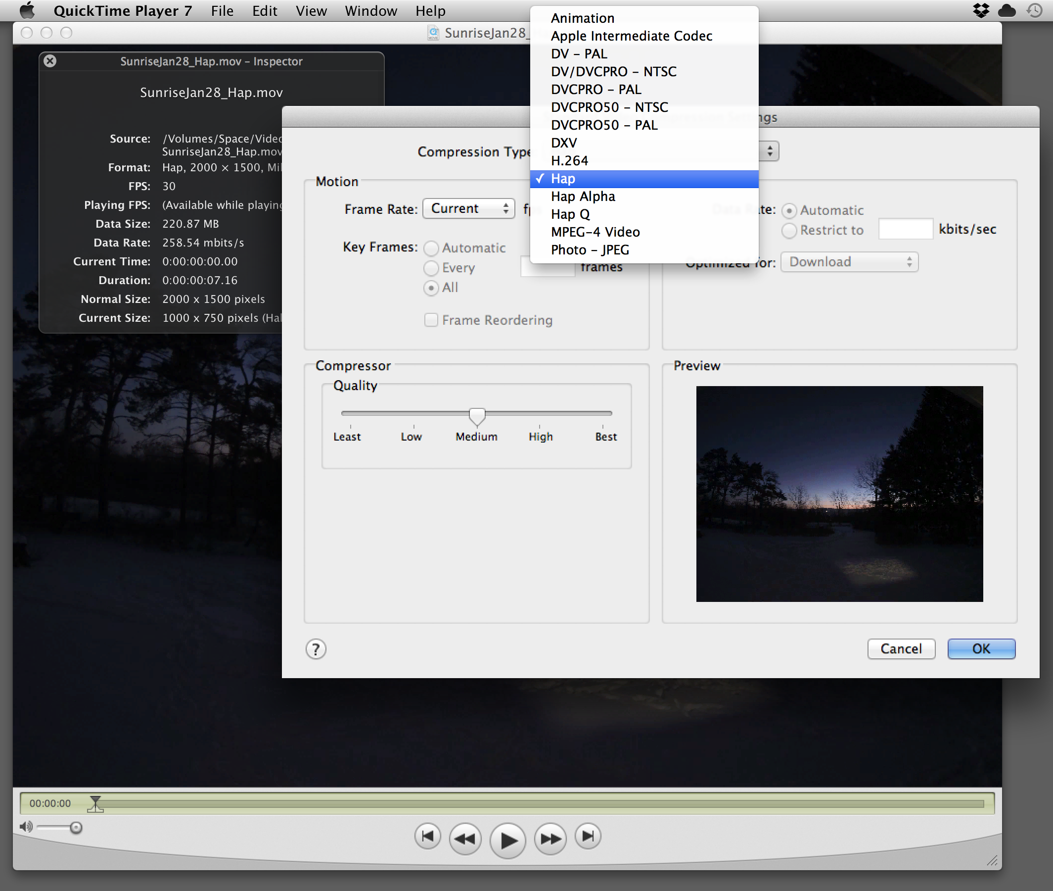 QuickTime Player 7: основное окно, Movie Inspector и настройки видеокомпрессии