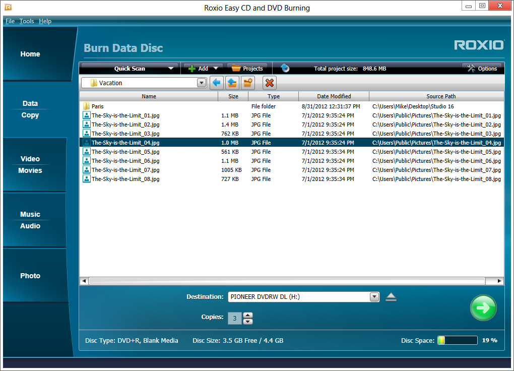 Проект Burn Data Disc в Roxio Creator NXT 9 со списком файлов и индикатором ёмкости