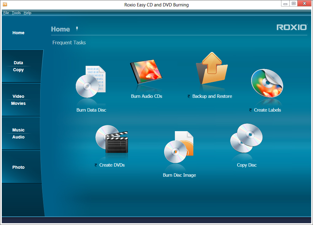 Главное окно Roxio Home с категориями проектов Creator NXT 9