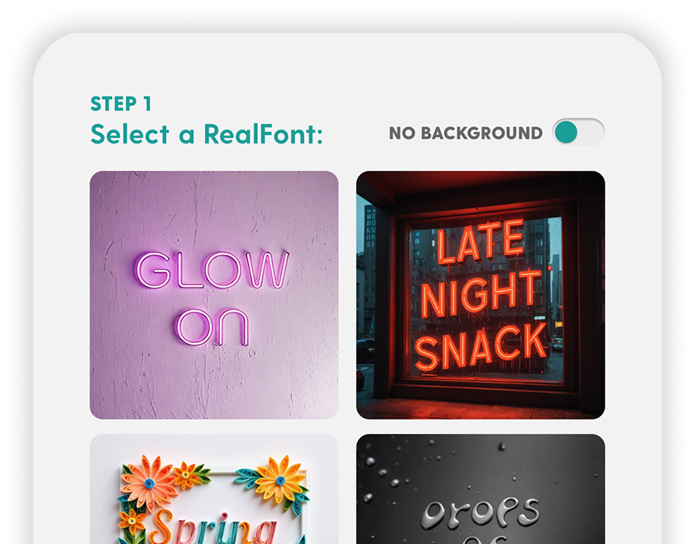Экран Word Swag RealFonts с выбором объёмных вариантов текста и переключателем фона