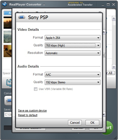 Историческая панель подробных параметров RealPlayer Converter