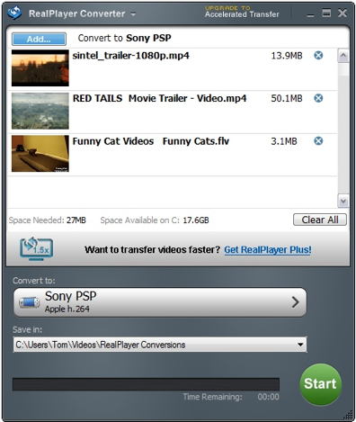 Историческое окно RealPlayer Converter с очередью файлов