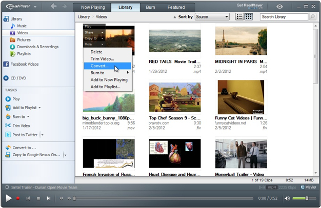 Историческое меню RealPlayer с командой Convert