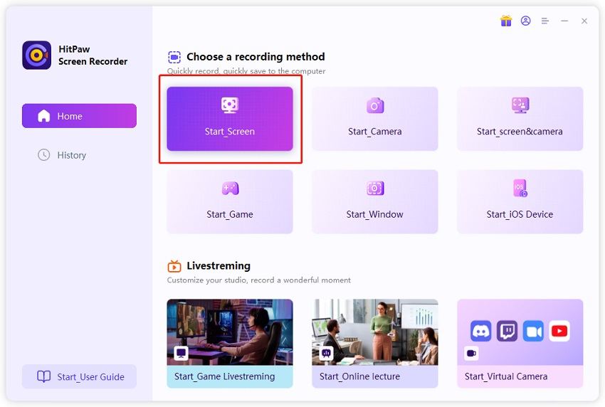 Главный экран HitPaw Screen Recorder с режимами записи экрана, камеры, игры, окна и iOS-устройства