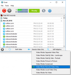 Evaer Video Recorder for Skype с выбранным режимом Remote Video Only