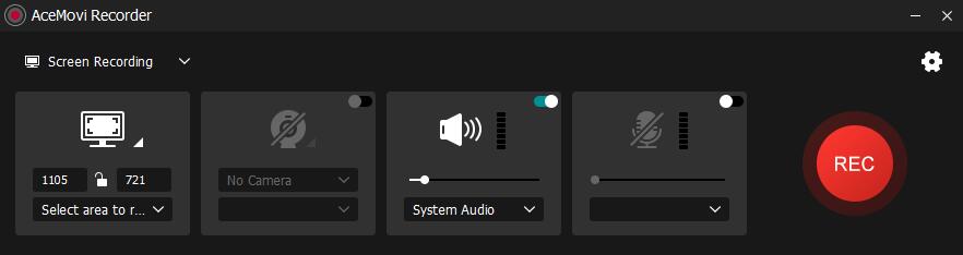 Окно AceMovi Recorder с выбором области экрана, камеры, системного звука и микрофона