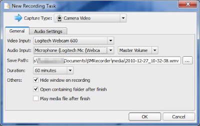 Настройки Camera Video в SMRecorder с выбором камеры и аудиовхода