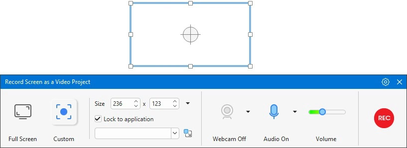 Панель записи экрана ActivePresenter 10 с выбором полного экрана, области, веб-камеры и звука