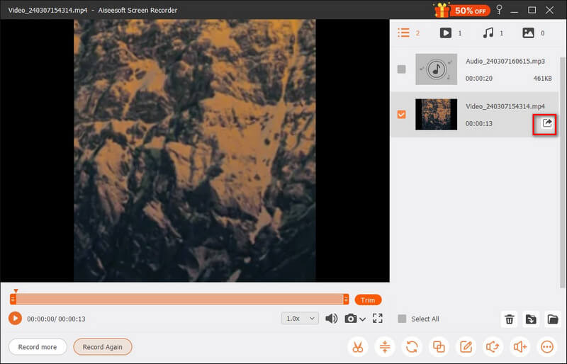 Окно предпросмотра и экспорта записи Aiseesoft Screen Recorder