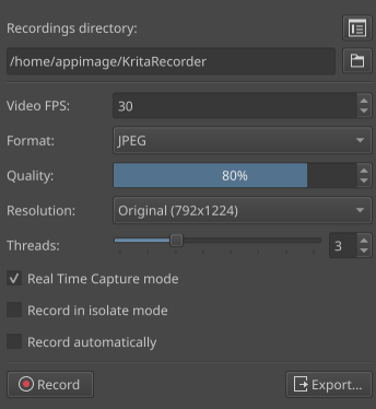 Панель Recorder в Krita для записи этапов рисования