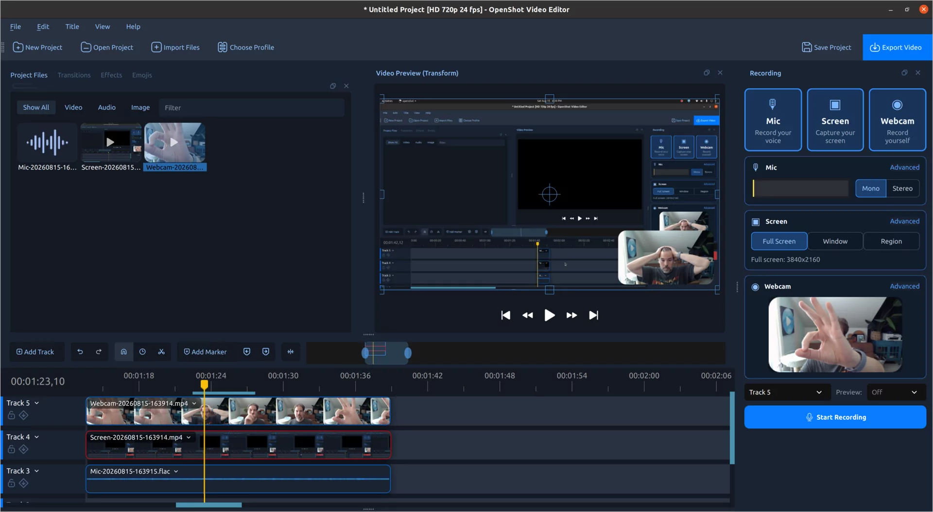 Рабочее пространство Recording View в OpenShot 4.0
