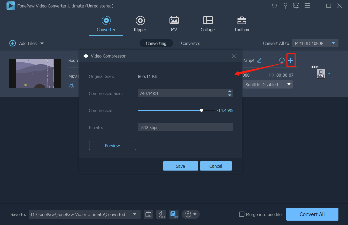 Окно Video Compressor в FonePaw Video Converter Ultimate