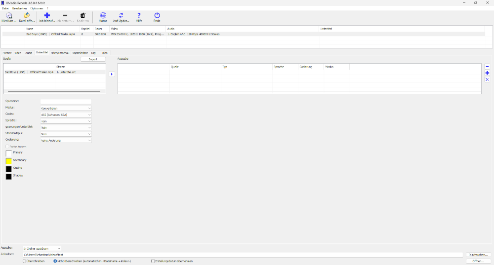 Окно XMedia Recode 3.6.4.0 с вкладкой управления субтитрами