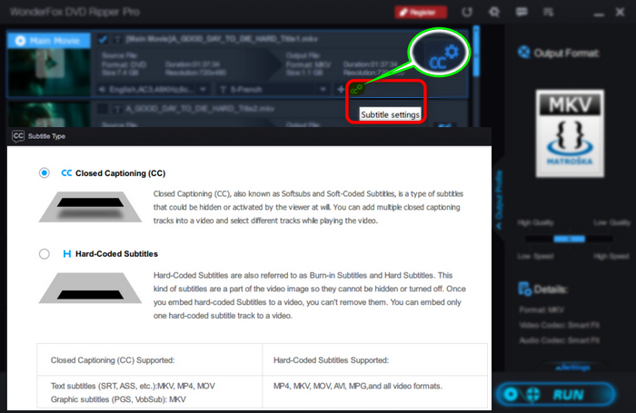 Выбор closed captions и hard-coded subtitles в WonderFox DVD Ripper Pro