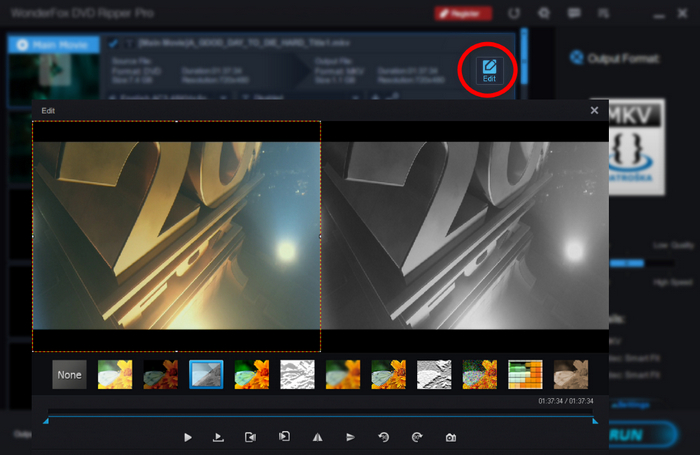 Окно встроенного редактора WonderFox DVD Ripper Pro с эффектами и предпросмотром