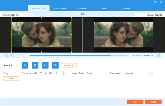 Редактор Rotate and Crop AVAide DVD Ripper с двумя окнами предпросмотра и настройками кадрирования