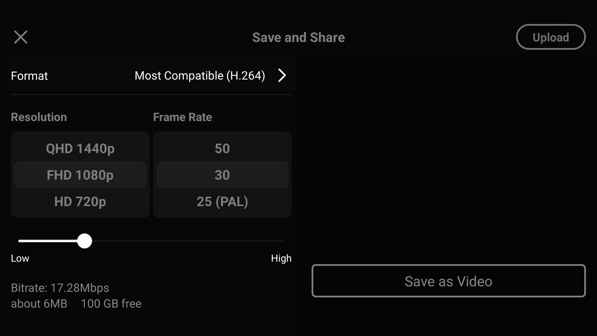 Экран Save and Share KineMaster с настройками разрешения, кадровой частоты и битрейта