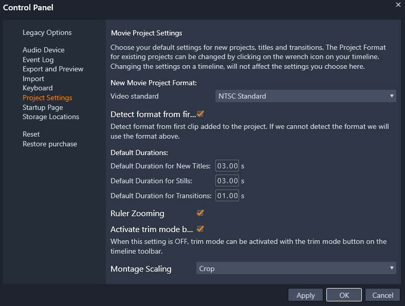 Control Panel Pinnacle Studio 26 с параметрами проекта и списком разделов