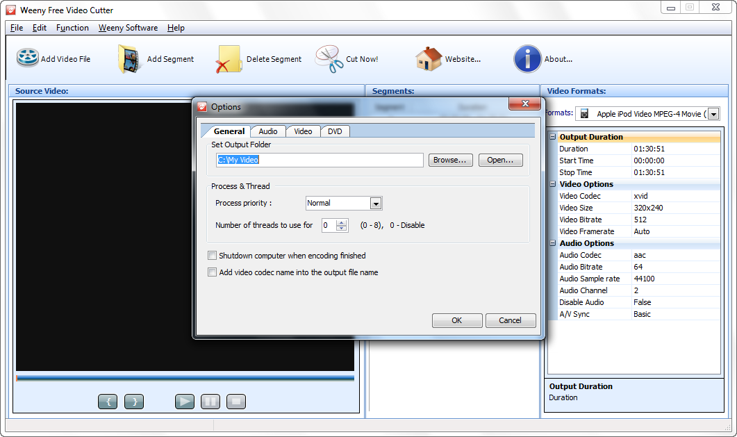 Окно General в настройках Weeny Free Video Cutter