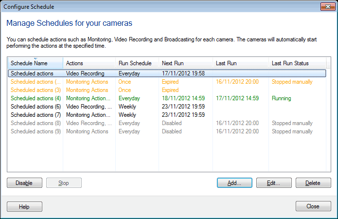 Окно Manage Schedules в WebCam Monitor