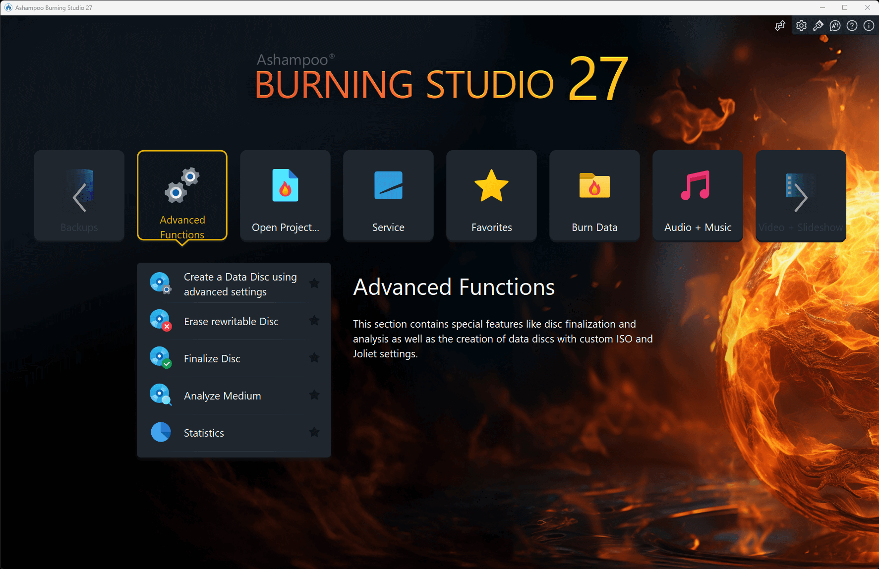 Главное окно Ashampoo Burning Studio FREE с разделами записи данных, музыки и образов