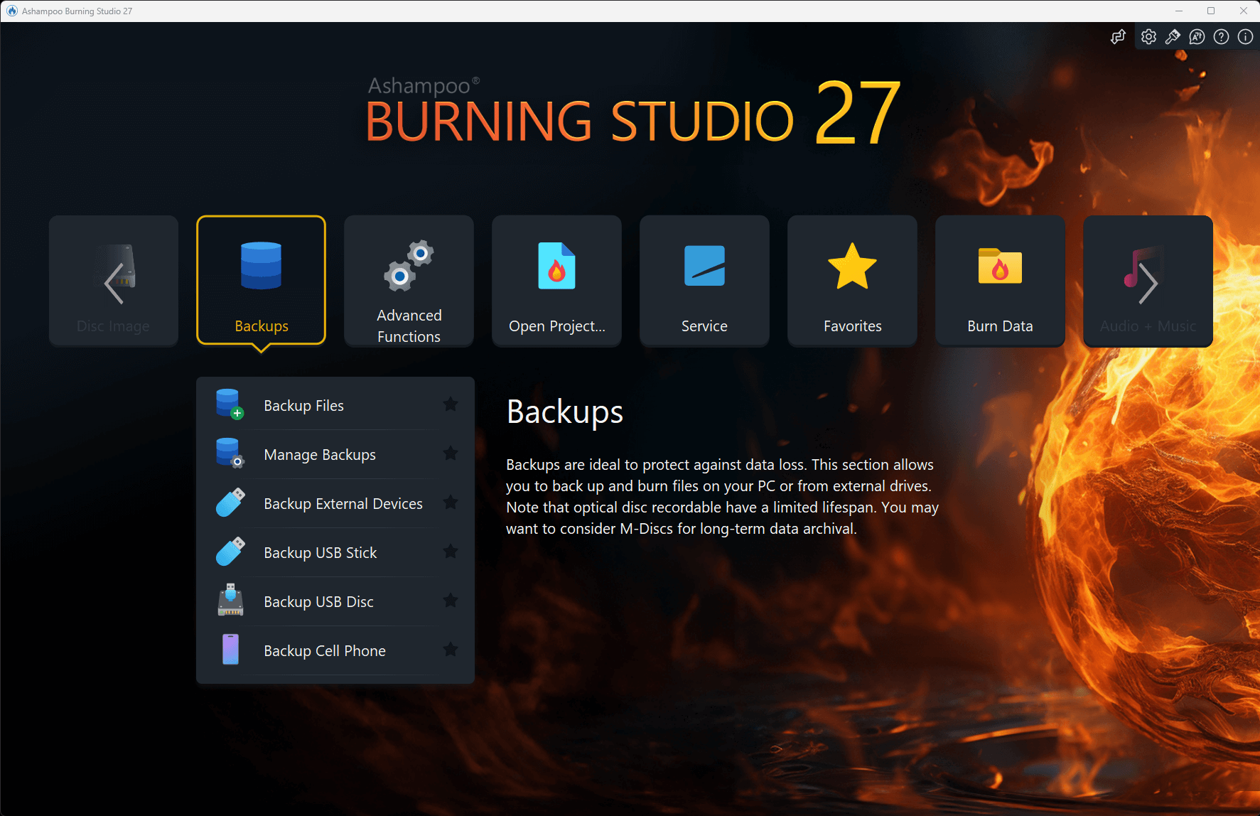 Раздел Backup в Ashampoo Burning Studio 27