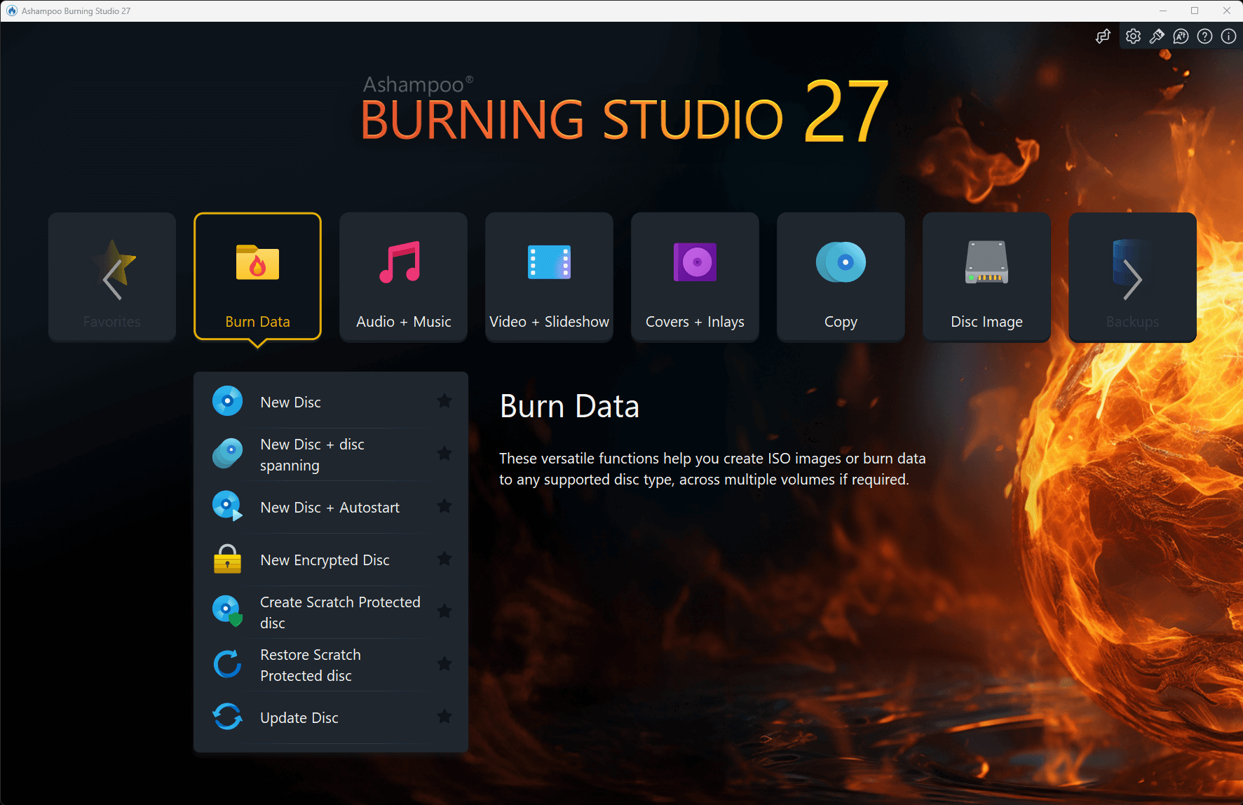 Раздел Burn Data в Ashampoo Burning Studio 27